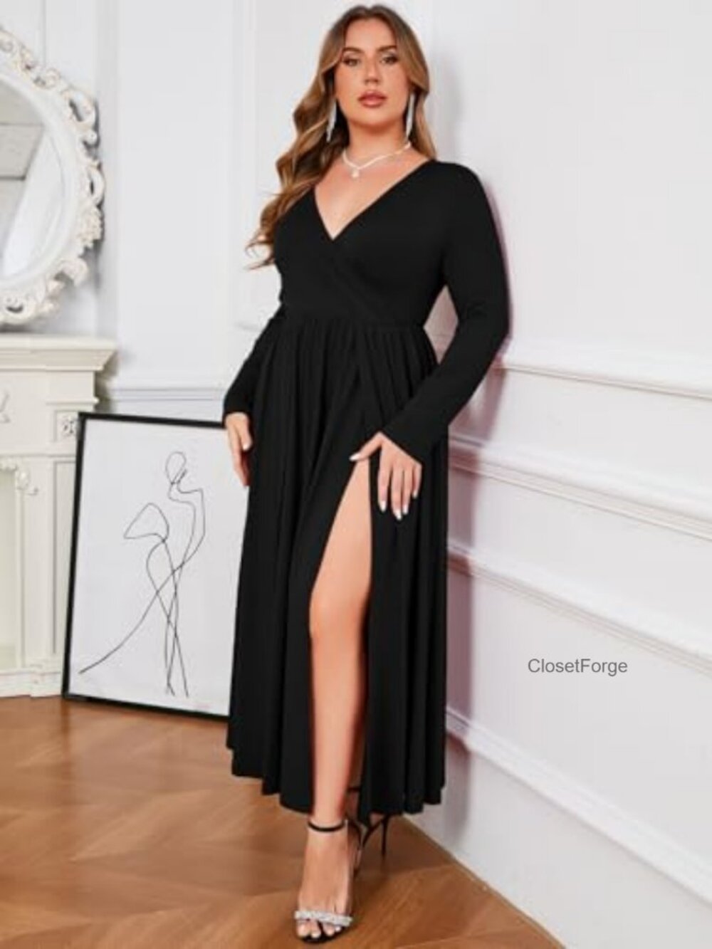Plus Size 0X-4X Double High Split Maxi Dress Ruffle Sleeve - Picture 5 of 7